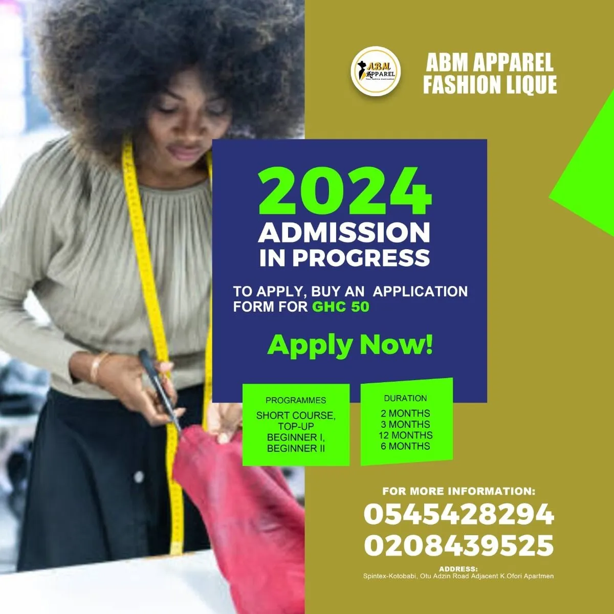 Fashion school admission flyer with a tailor measuring fabric and the headline 2024 Admission in Progress.