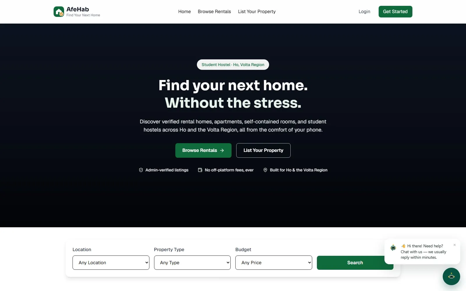 AfeHab homepage with the headline "Find your next home. Without the stress." above a rental search form.