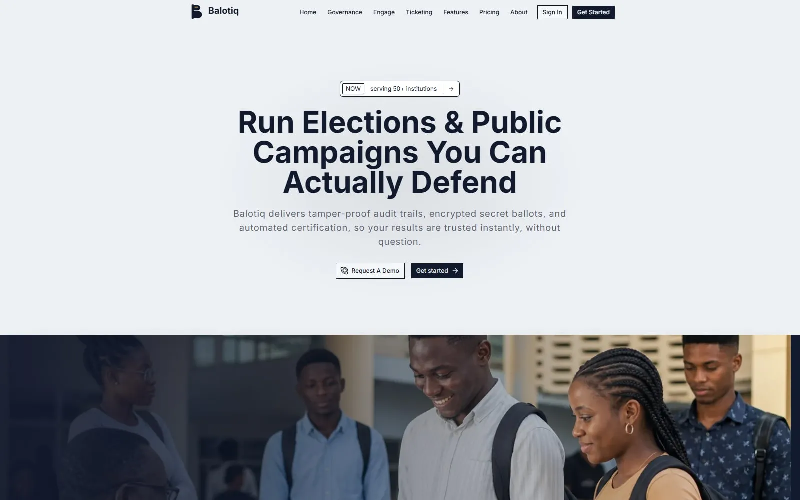 Balotiq homepage with the headline "Run Elections & Public Campaigns You Can Actually Defend" above a photo of students.