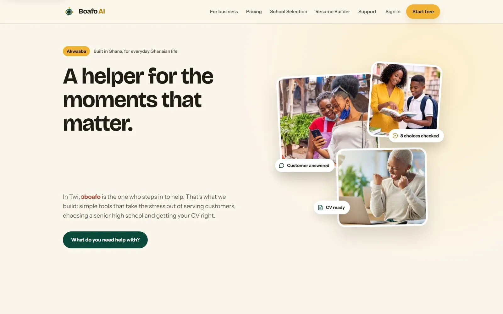 Boafo AI homepage with the headline "A helper for the moments that matter" beside photos of a shop owner, a student and a job seeker.