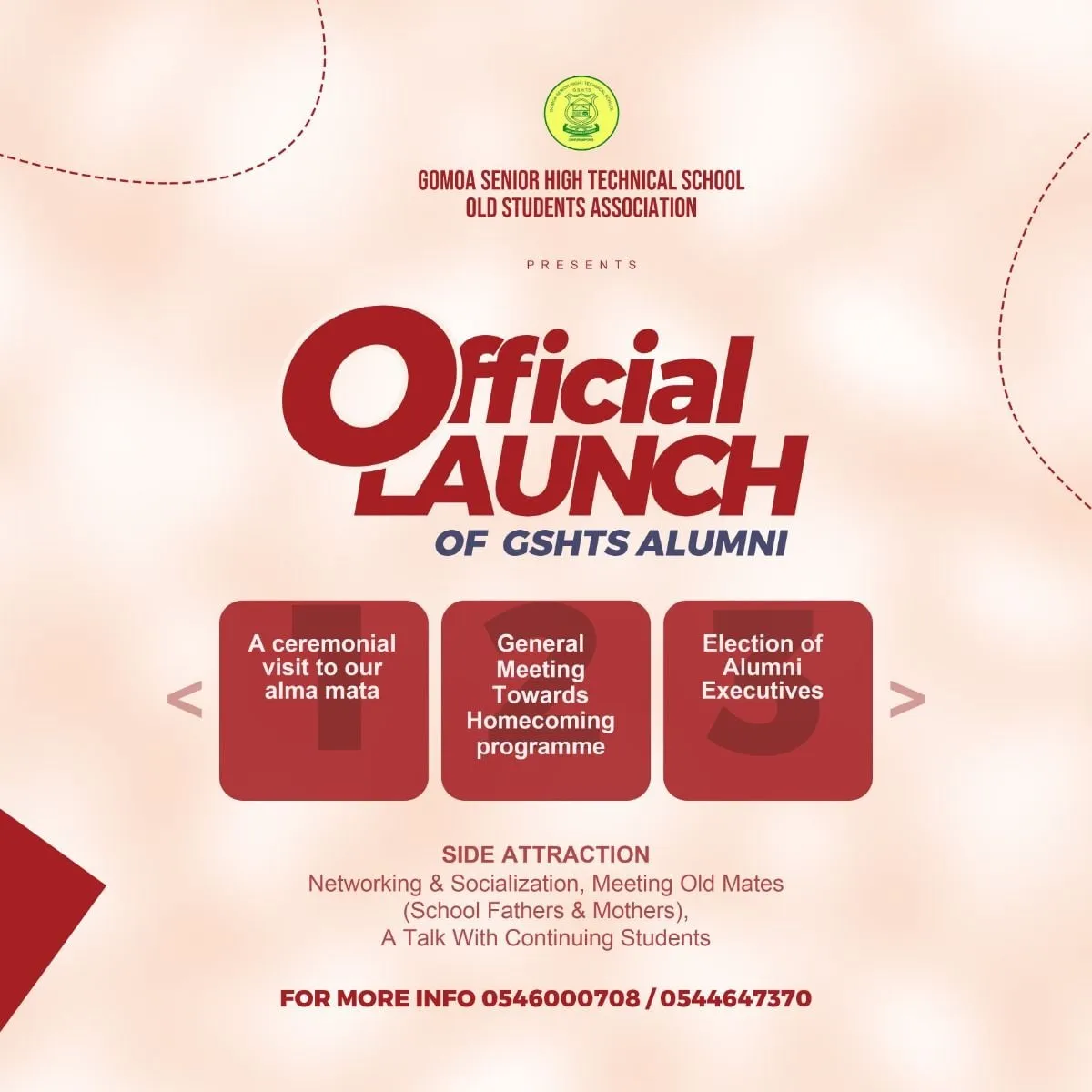 Poster with the red headline Official Launch of GSHTS Alumni and three programme highlights.