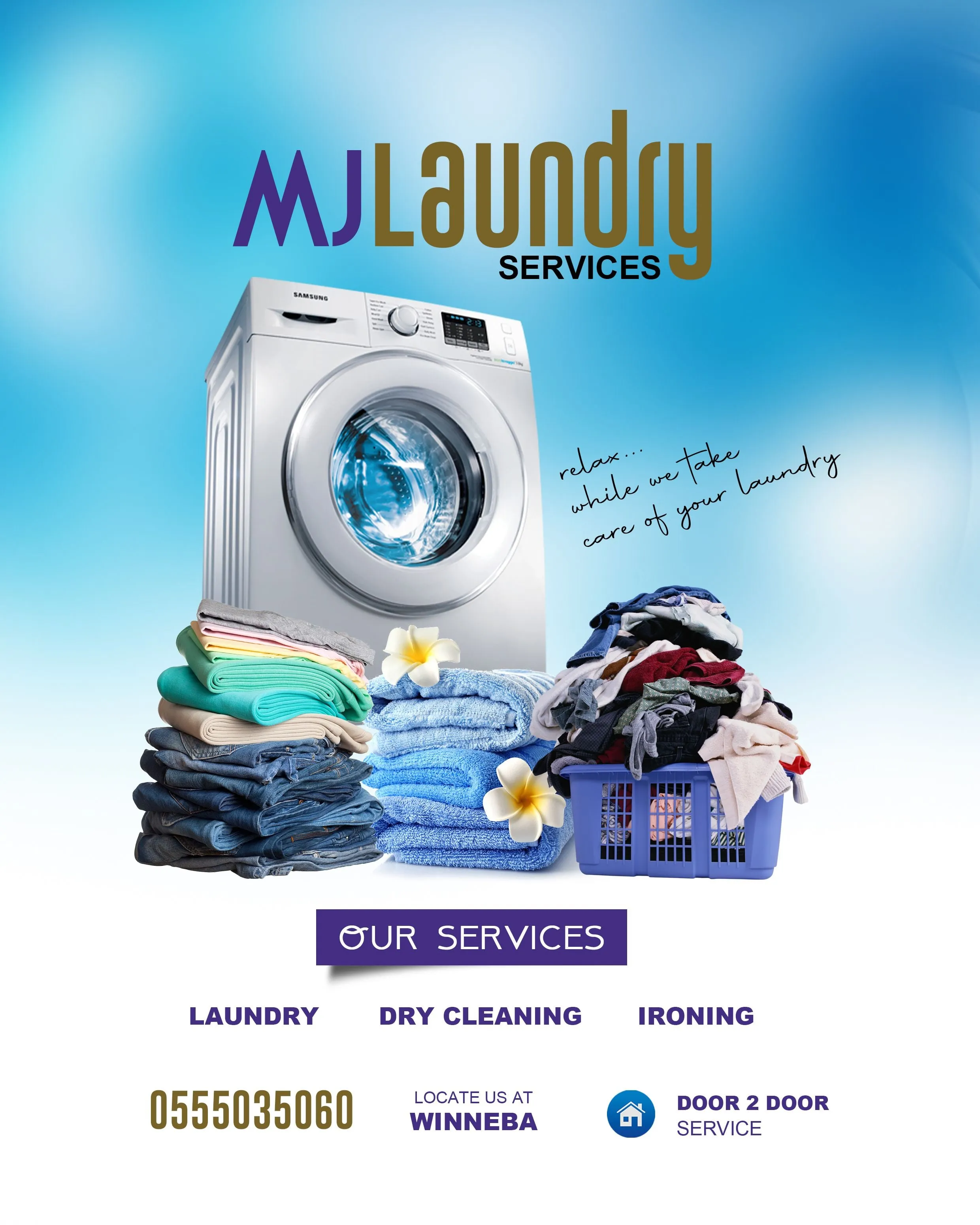 Laundry flyer with a washing machine and stacks of folded clothes on a soft blue background, the MJ Laundry Services wordmark and the services laundry, dry cleaning and ironing.