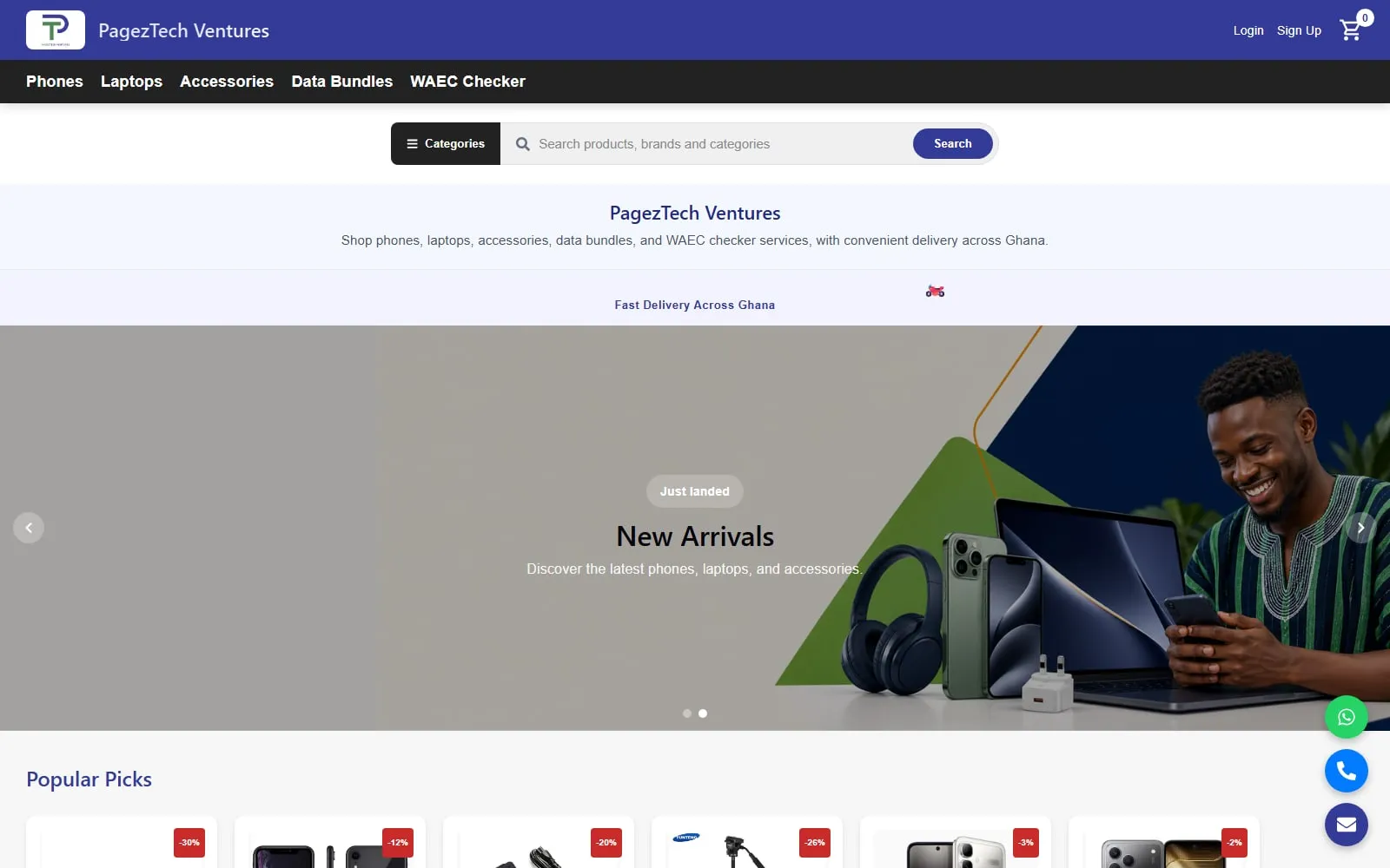 PagezTech Ventures storefront with categories for phones, laptops, accessories, data bundles and WAEC checker, and a New Arrivals banner.