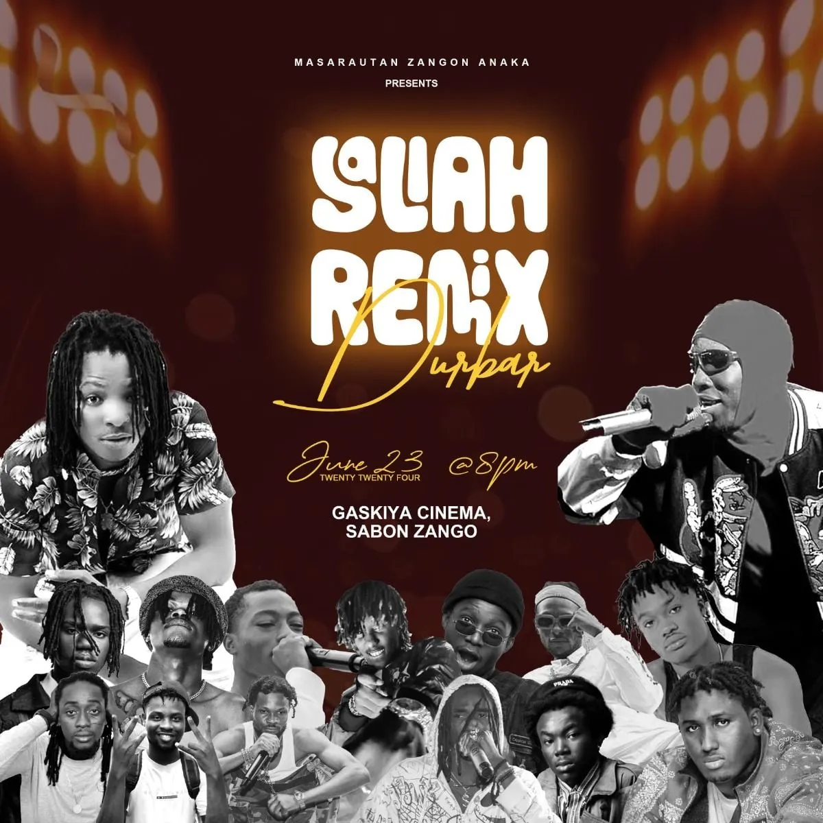 Event poster with the hand-lettered title Slah Remix Durbar in gold over a black and white collage of performers.