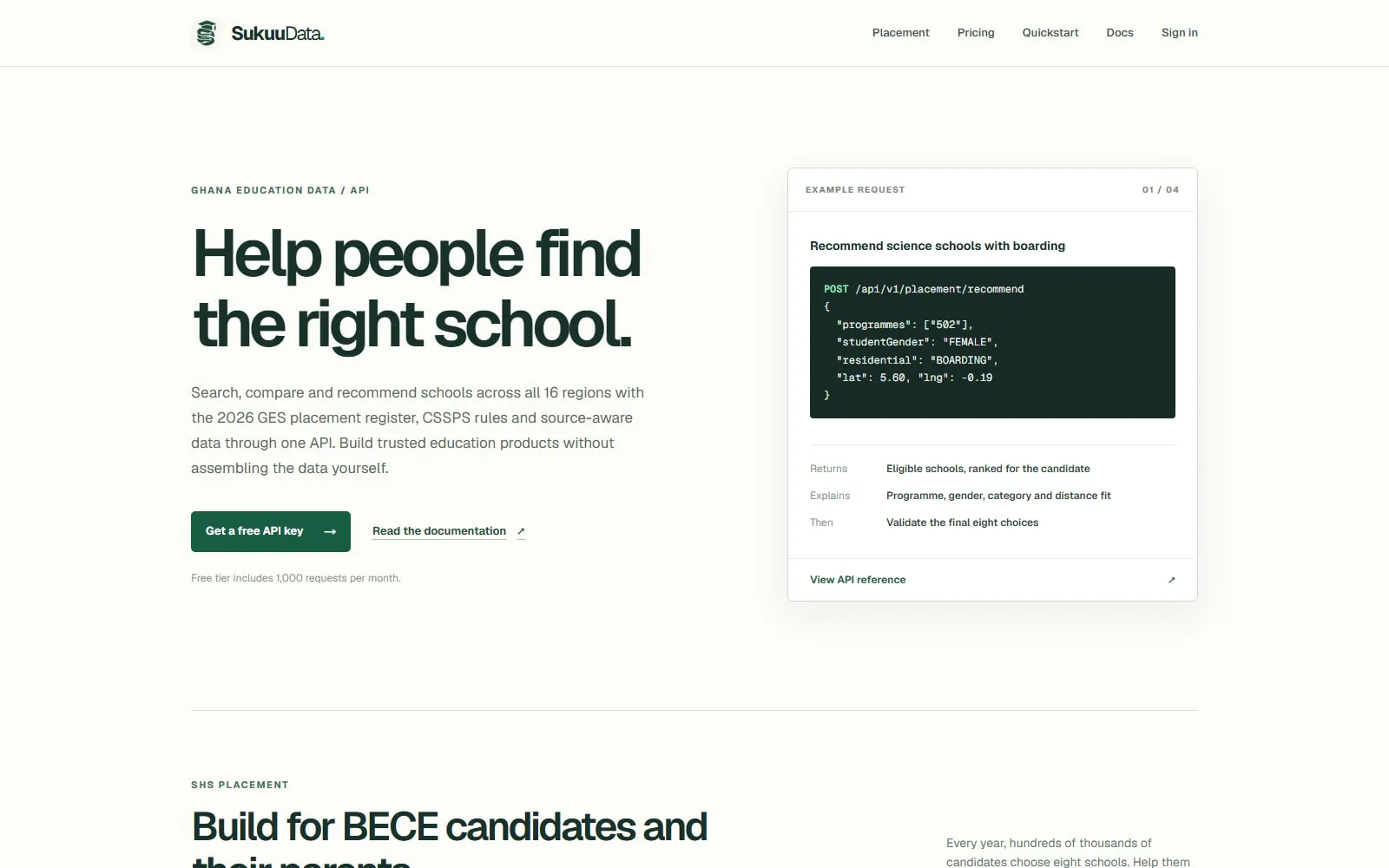 SukuuData homepage with the headline "Help people find the right school" beside an example API request for school recommendations.