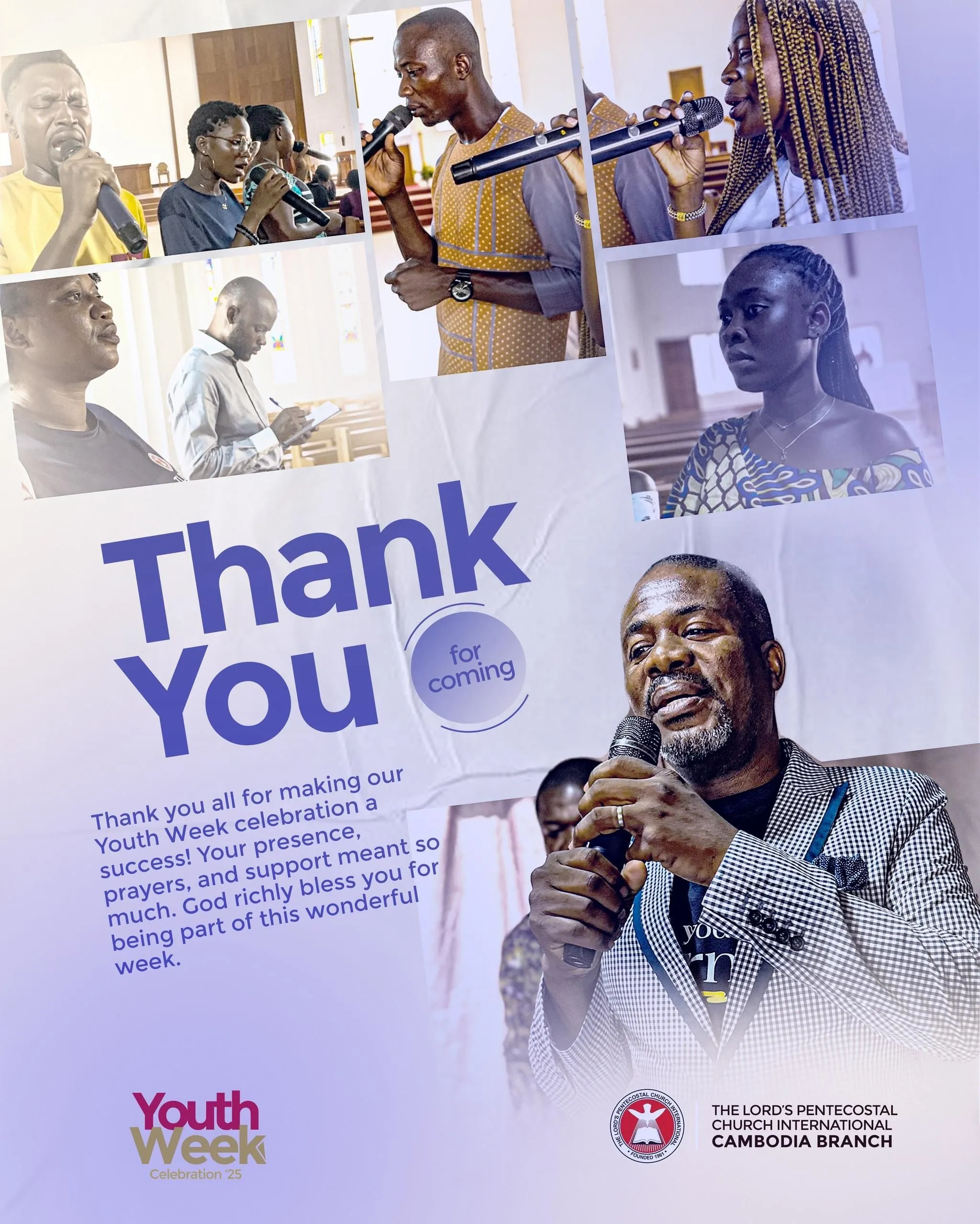 Thank-you flyer with a collage of speakers and singers from a church youth week and the large words Thank You for coming.