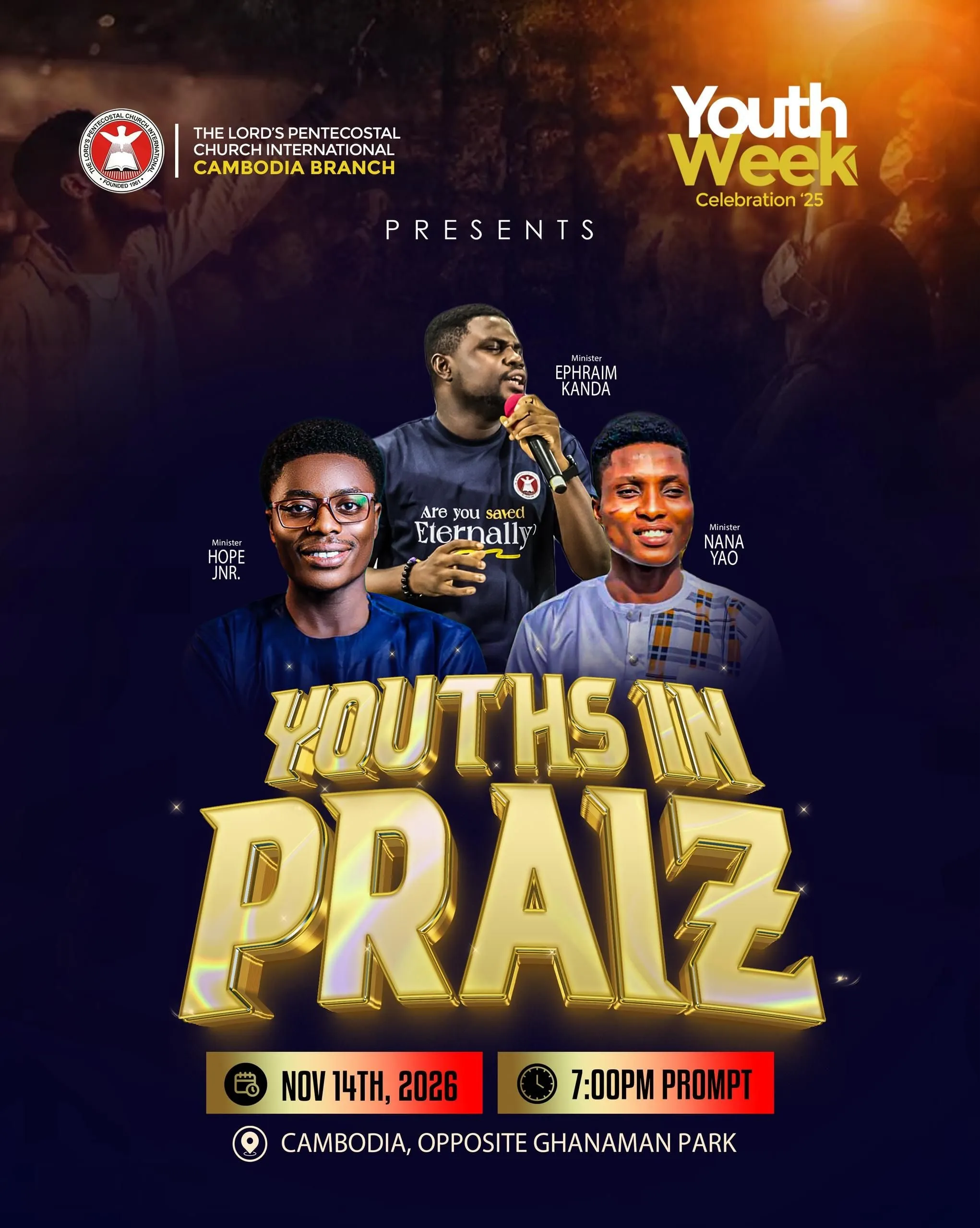 Dark event poster with ministers holding microphones above the gold 3D title Youths in Praiz for a church Youth Week.
